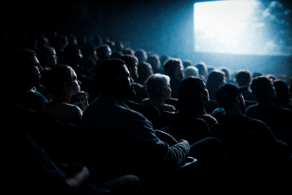 salledecinema02 | Saparen Prod Une salle de cinéma plongée dans lobscurité avec un public nombreux de dos assistant à une projection sur grand écran illuminé